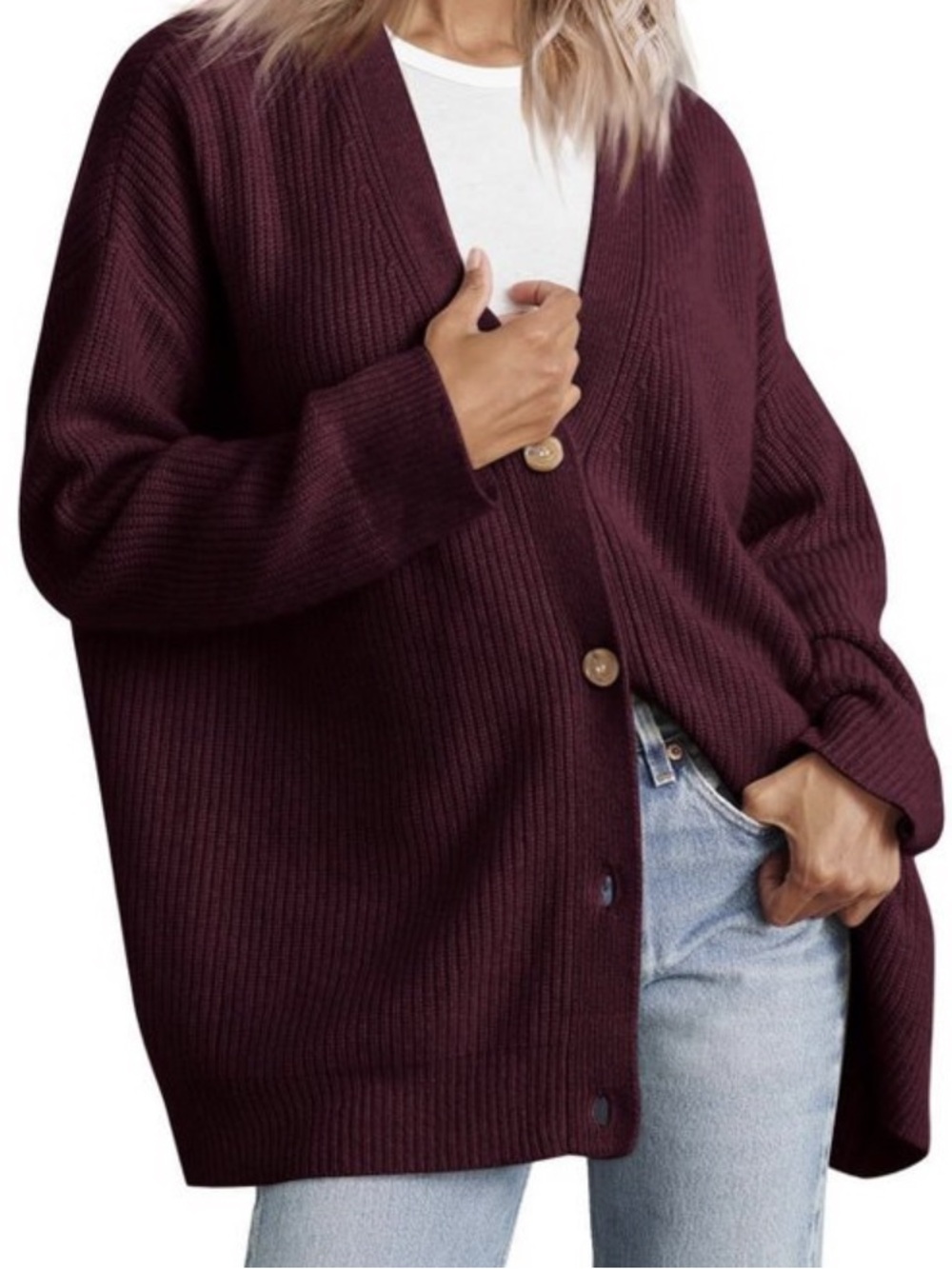 MEROKEETY Burgundy Ribbed V-Neck Cardigan Sweater